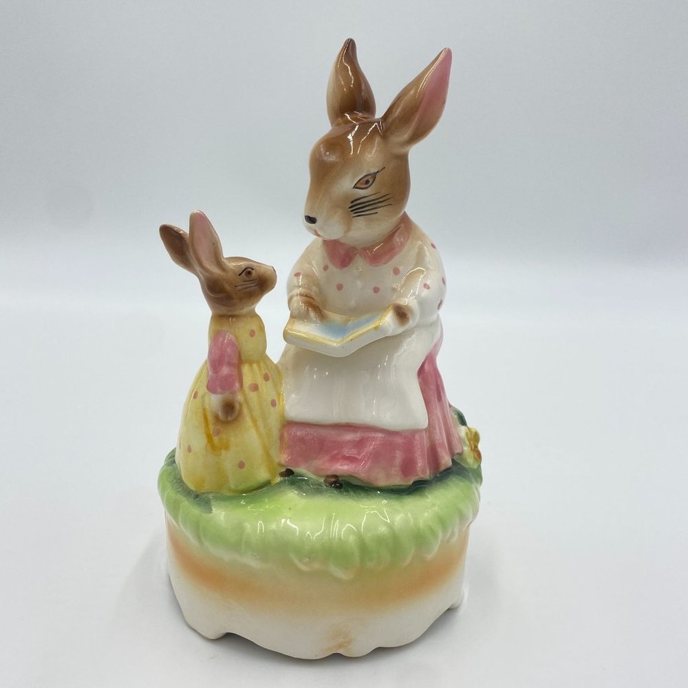Lefton Bunnies Music Box Collectable Figurine Rabbit 3.25" wide x 6.25" tall